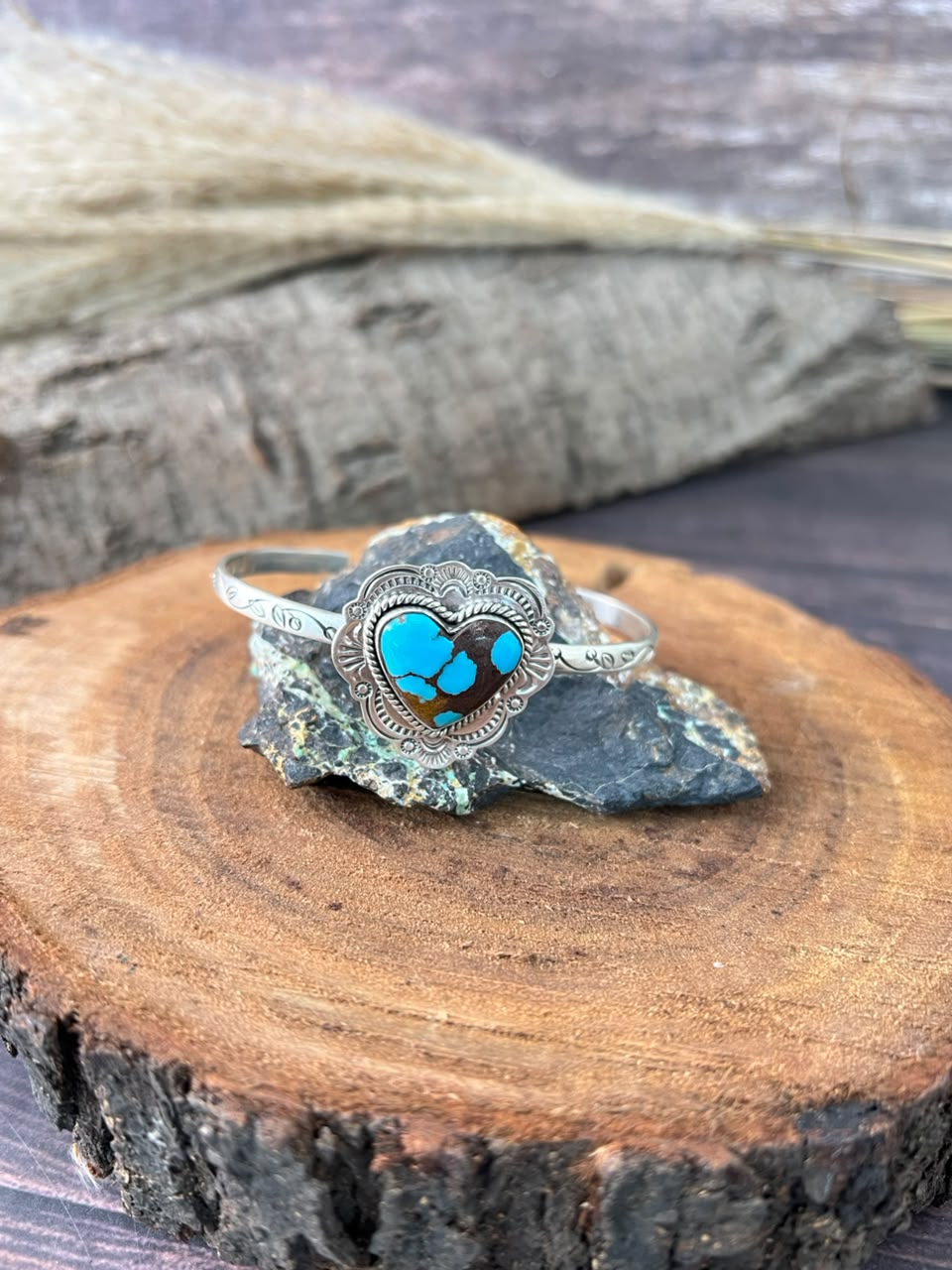 Handmade Sterling Silver Egyptian Turquoise Collection: Heart Cuff Bracelet Signed Nizhoni