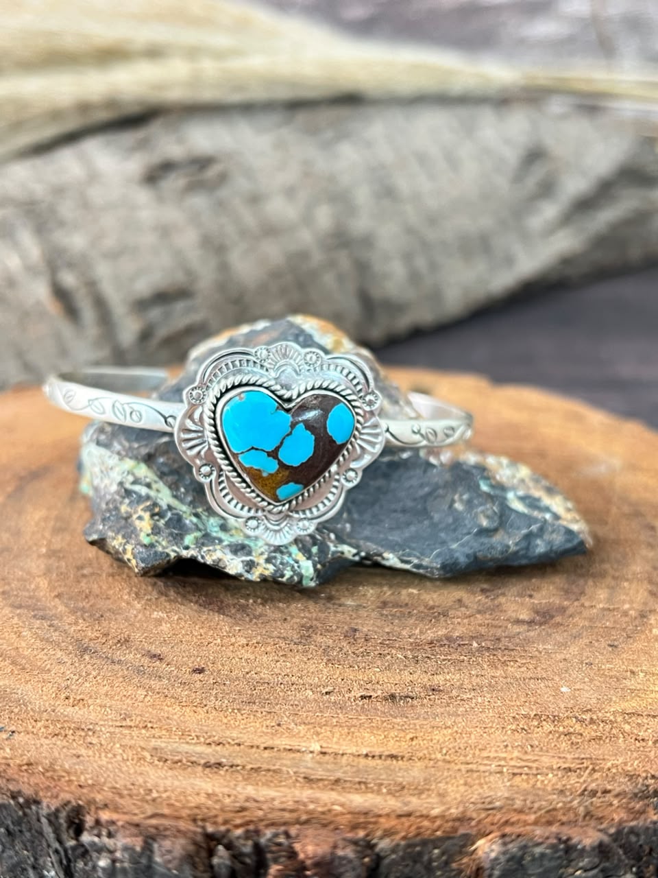 Handmade Sterling Silver Egyptian Turquoise Collection: Heart Cuff Bracelet Signed Nizhoni