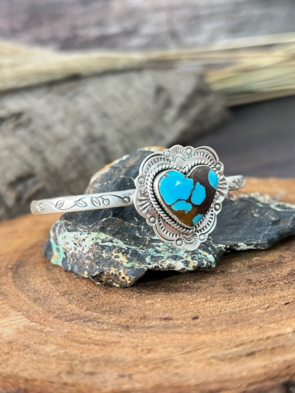 Handmade Sterling Silver Egyptian Turquoise Collection: Heart Cuff Bracelet Signed Nizhoni