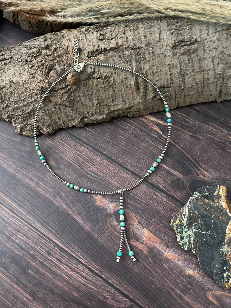 Handmade Sterling Silver Kingman Turquoise Beaded Necklace Signed Nizhoni