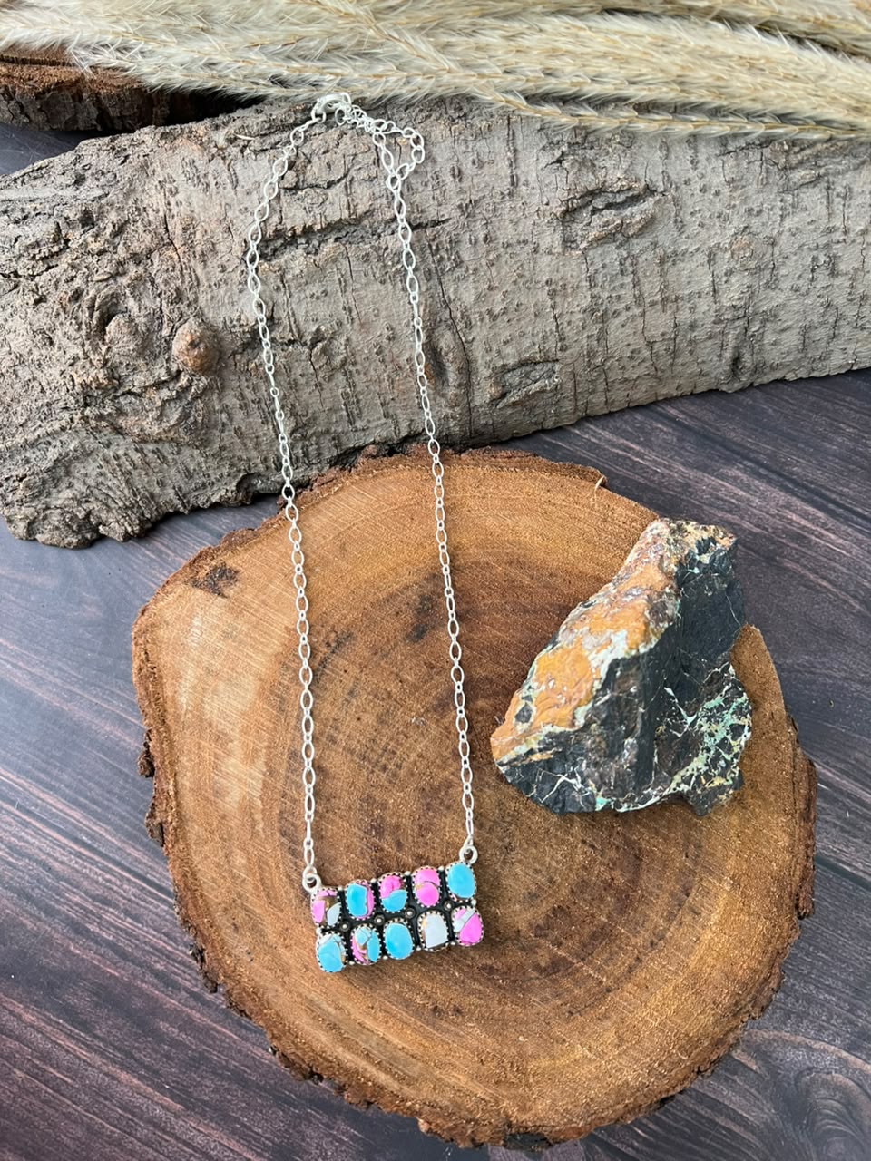 Handmade Sterling Silver Cotton Candy Bar Necklace Signed Nizhoni