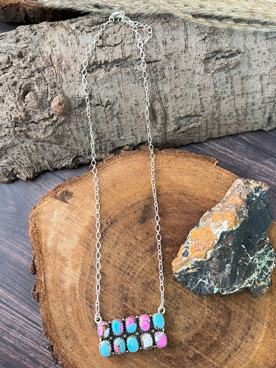 Handmade Sterling Silver Cotton Candy Bar Necklace Signed Nizhoni