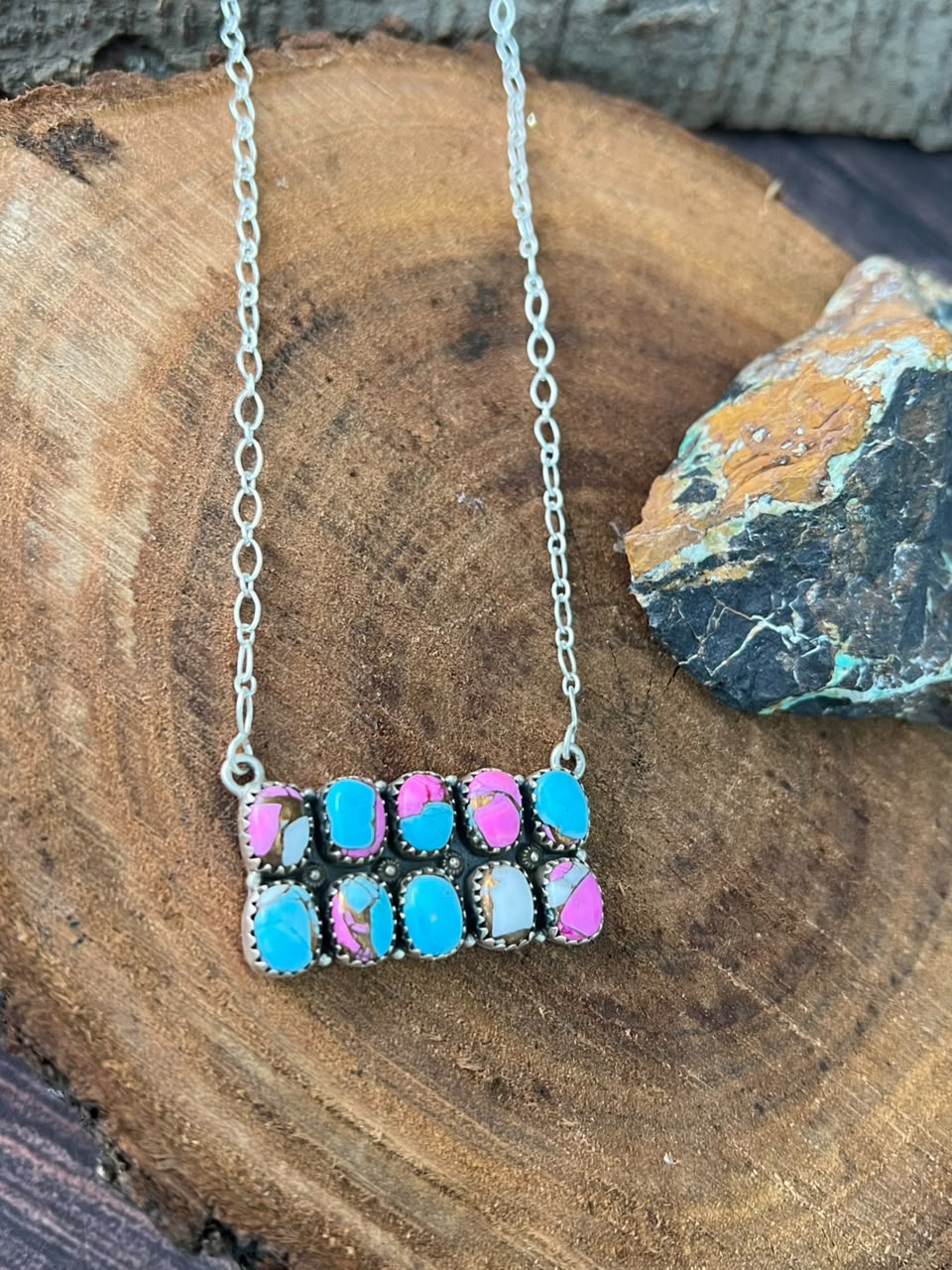 Handmade Sterling Silver Cotton Candy Bar Necklace Signed Nizhoni