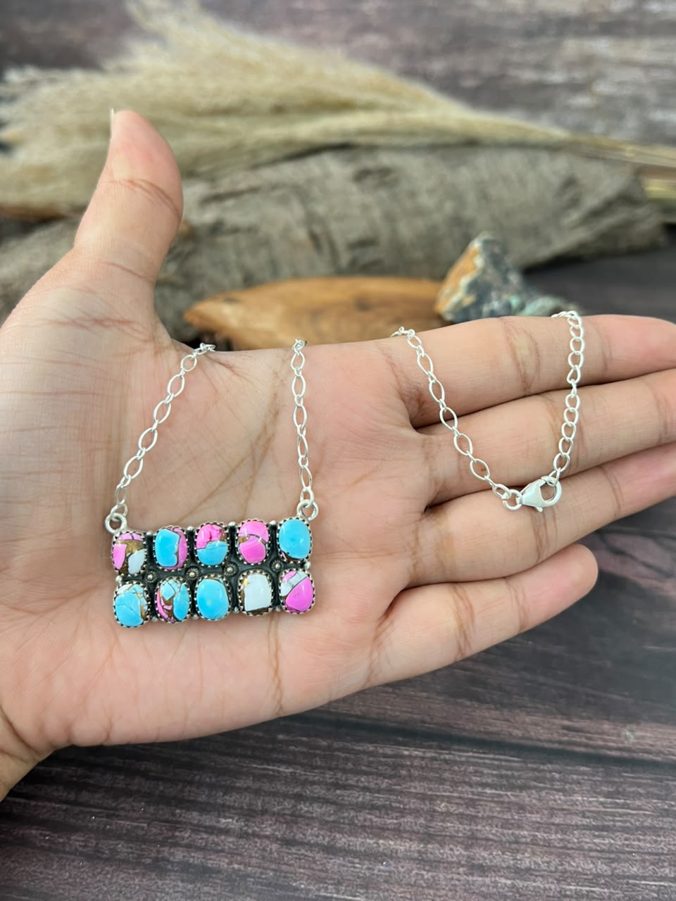 Handmade Sterling Silver Cotton Candy Bar Necklace Signed Nizhoni