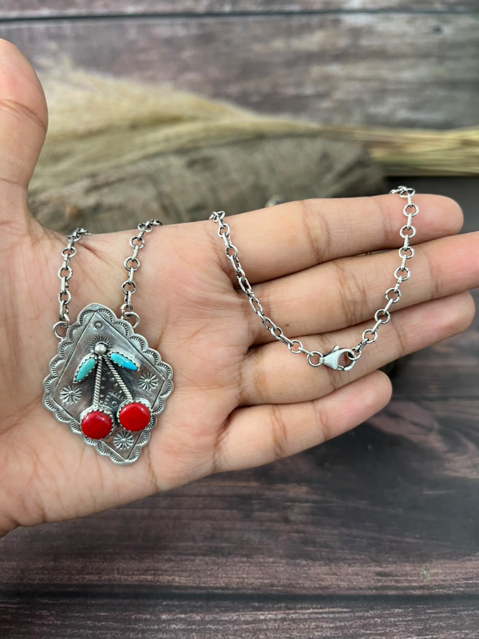 Handmade Sterling Silver Kingman Turquoise with Rosarita Cherry Necklace Signed Nizhoni (6)