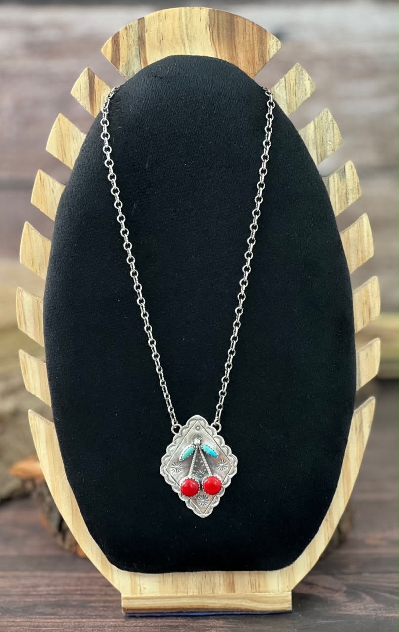 Handmade Sterling Silver Kingman Turquoise with Rosarita Cherry Necklace Signed Nizhoni (6)
