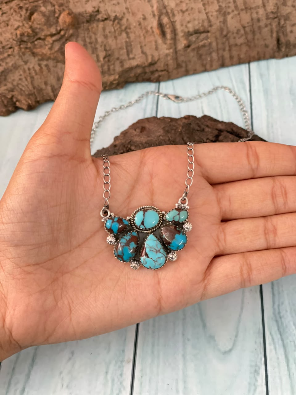 Handmade Sterling Silver Egyptian Turquoise Collection: Necklace Signed Nizhoni
