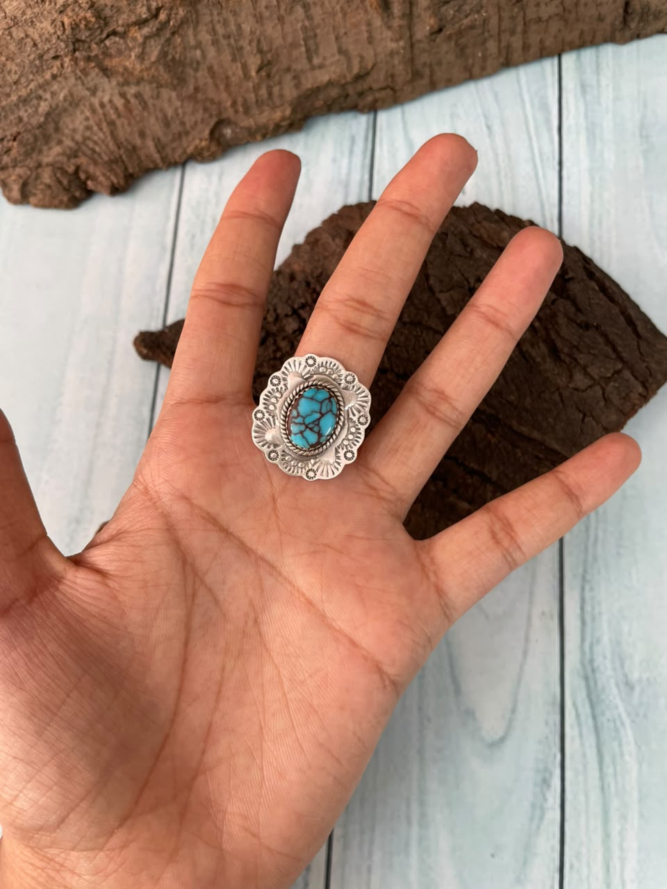 Handmade Sterling Silver Egyptian Turquoise Collection: Adjustable Ring Signed Nizhoni
