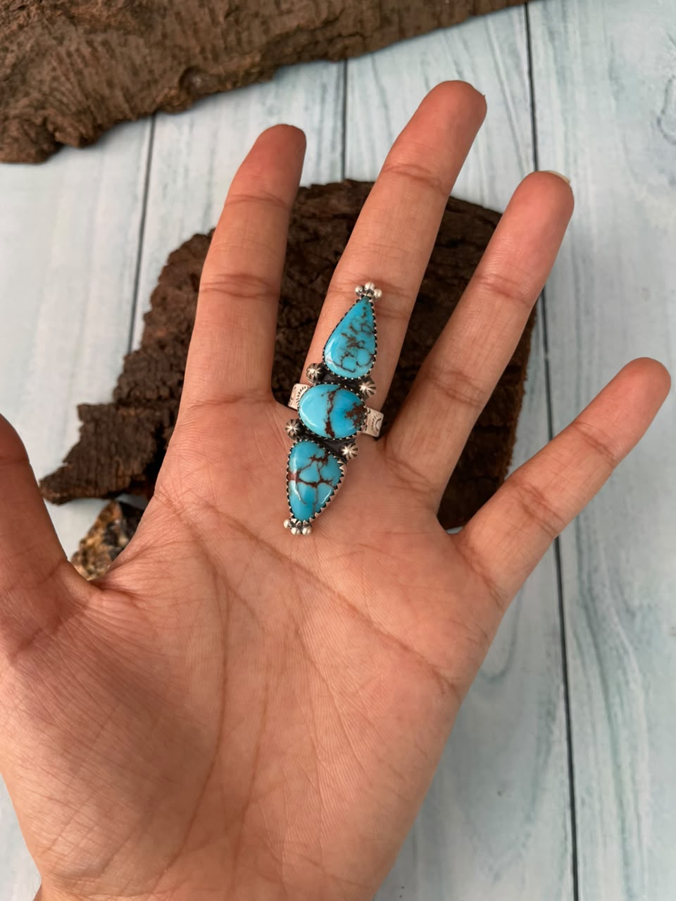 Handmade Sterling Silver Egyptian Turquoise Collection: Adjustable Ring Signed Nizhoni