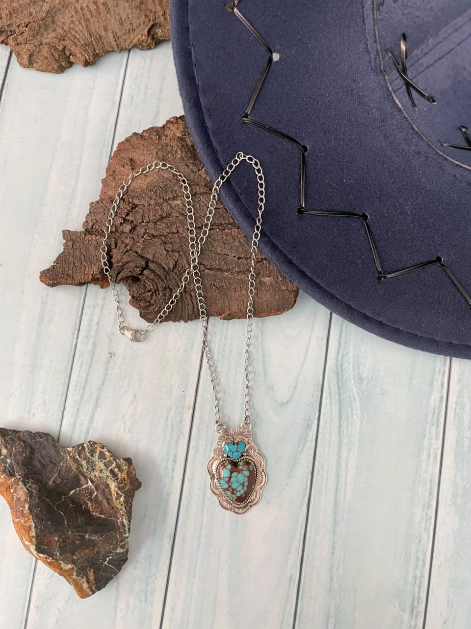 Handmade Sterling Silver Egyptian Turquoise Collection: Heart Necklace Signed Nizhoni