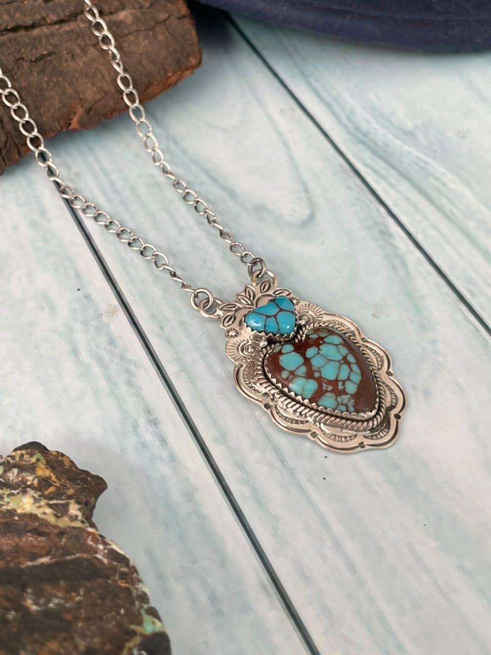 Handmade Sterling Silver Egyptian Turquoise Collection: Heart Necklace Signed Nizhoni