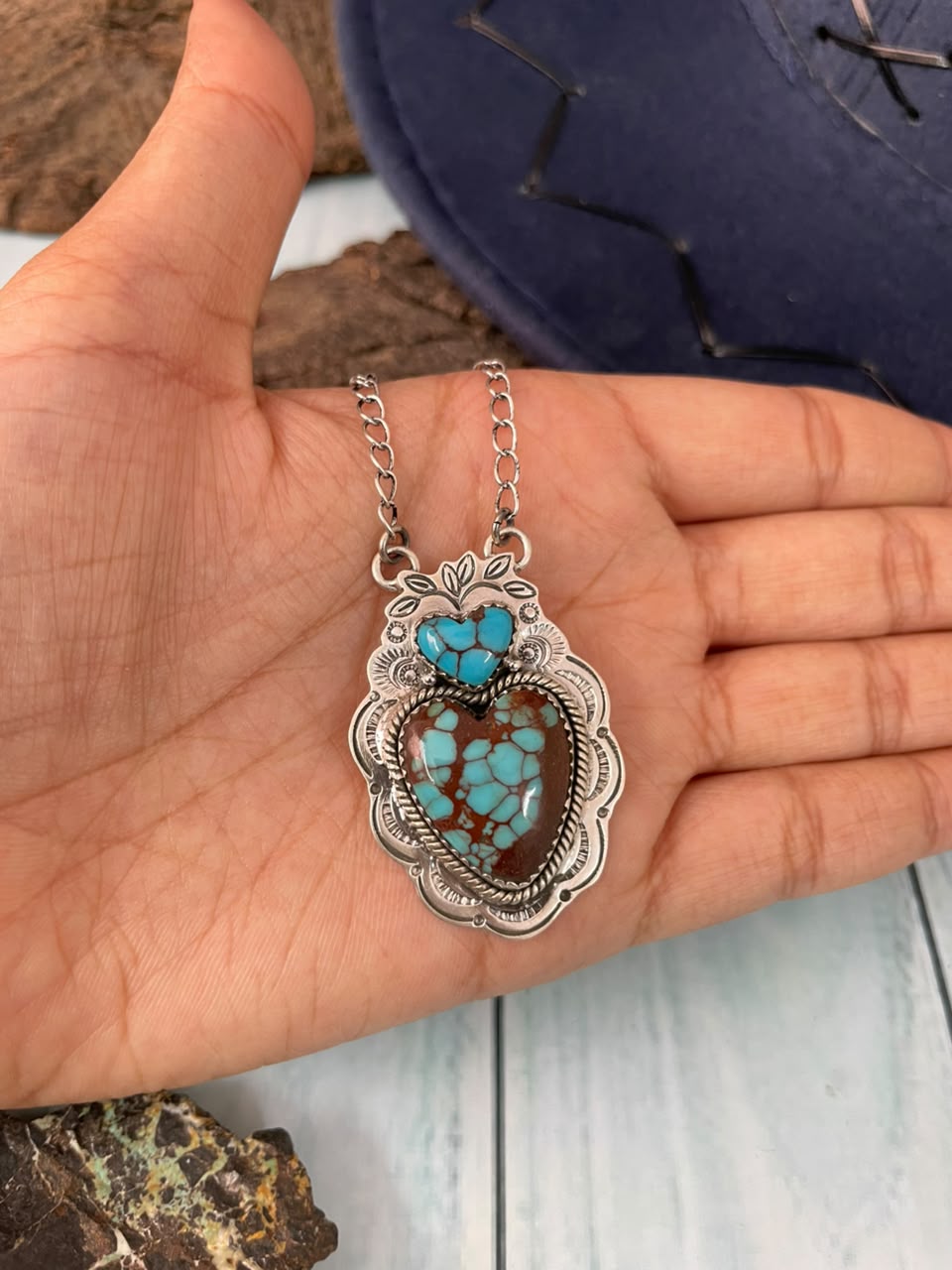 Handmade Sterling Silver Egyptian Turquoise Collection: Heart Necklace Signed Nizhoni