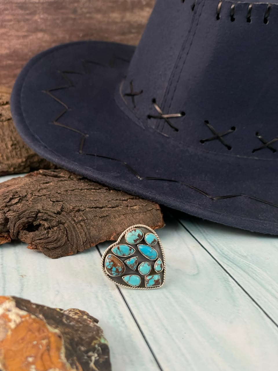 Handmade Sterling Silver Egyptian Turquoise Collection: Adjustable Heart Ring Signed Nizhoni
