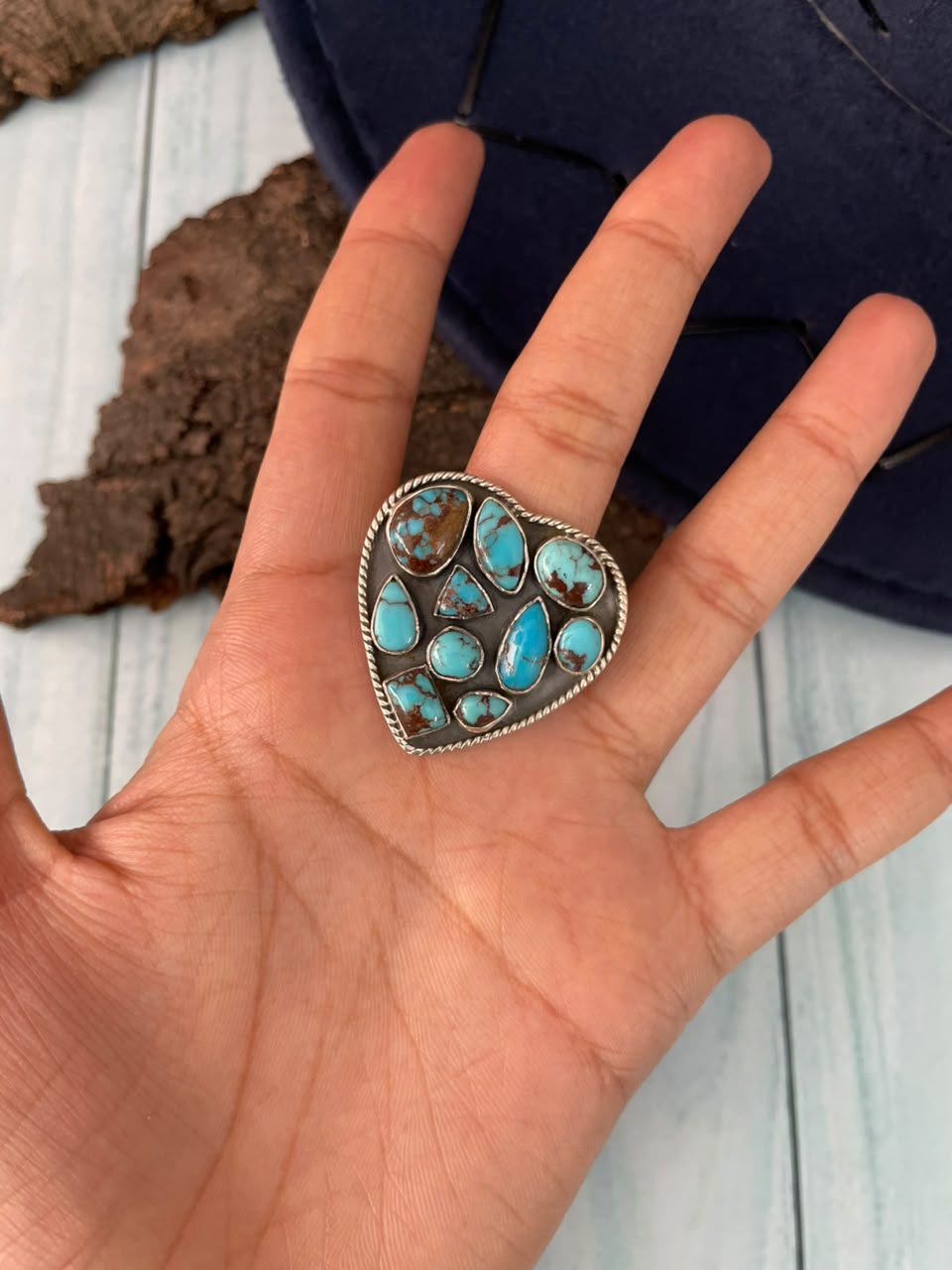 Handmade Sterling Silver Egyptian Turquoise Collection: Adjustable Heart Ring Signed Nizhoni