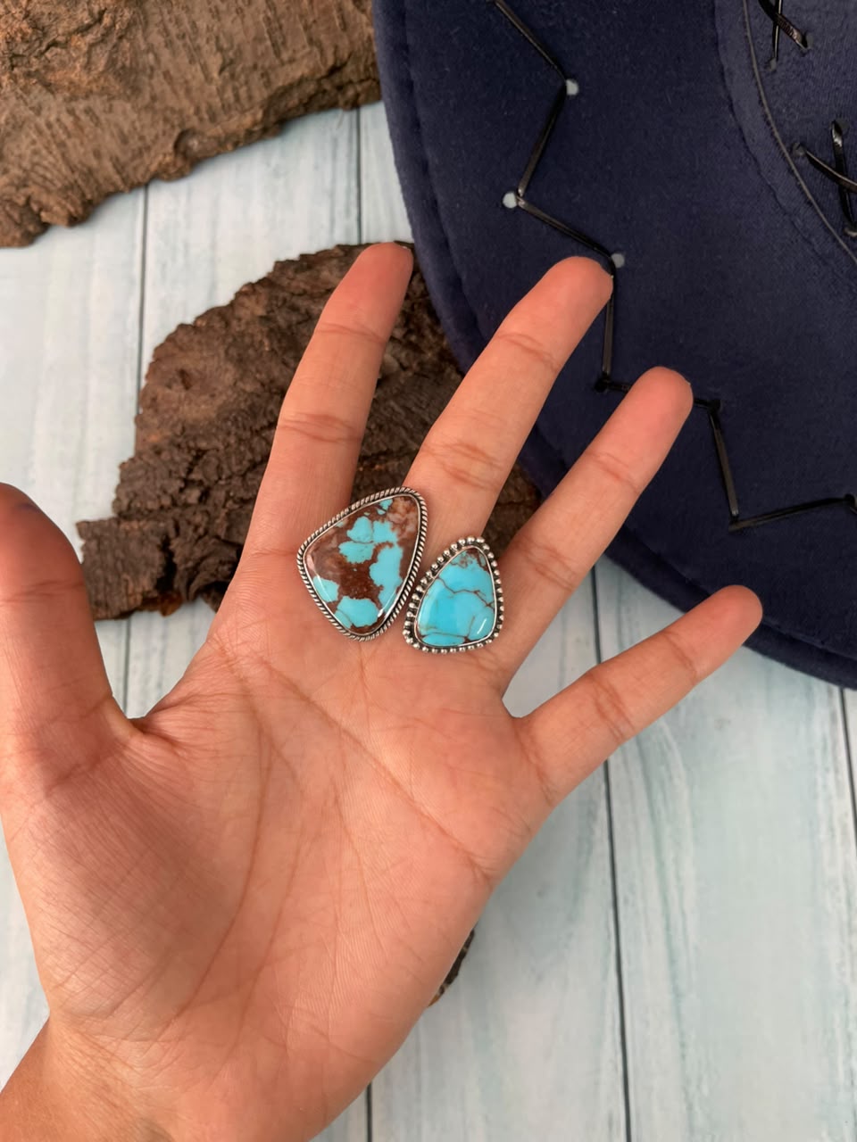Handmade Sterling Silver Egyptian Turquoise Collection: Adjustable Ring Signed Nizhoni