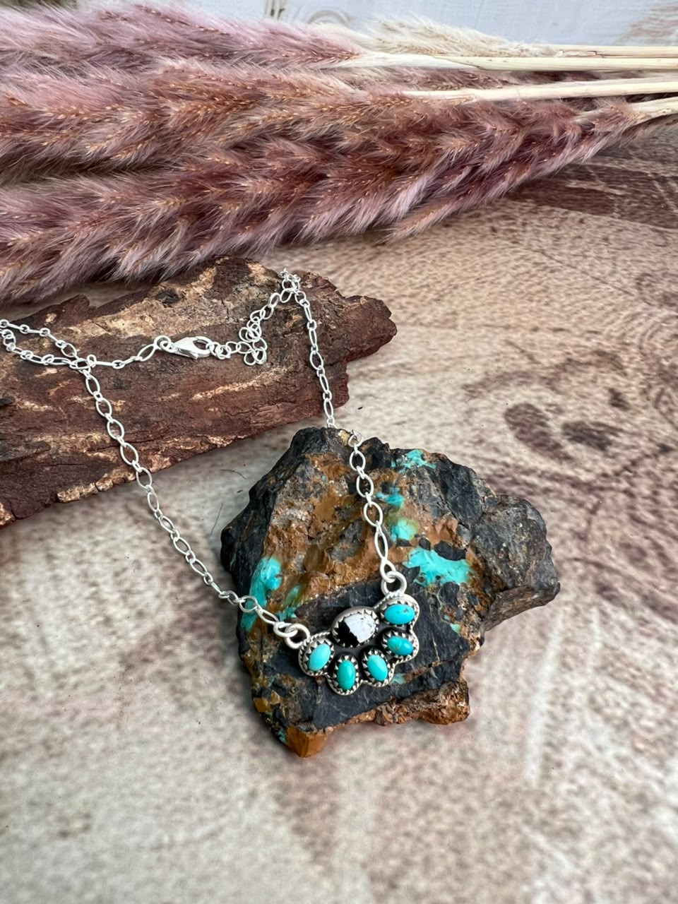 Handmade Sterling Silver Kingman Turquoise with White Buffalo Necklace Signed Nizhoni