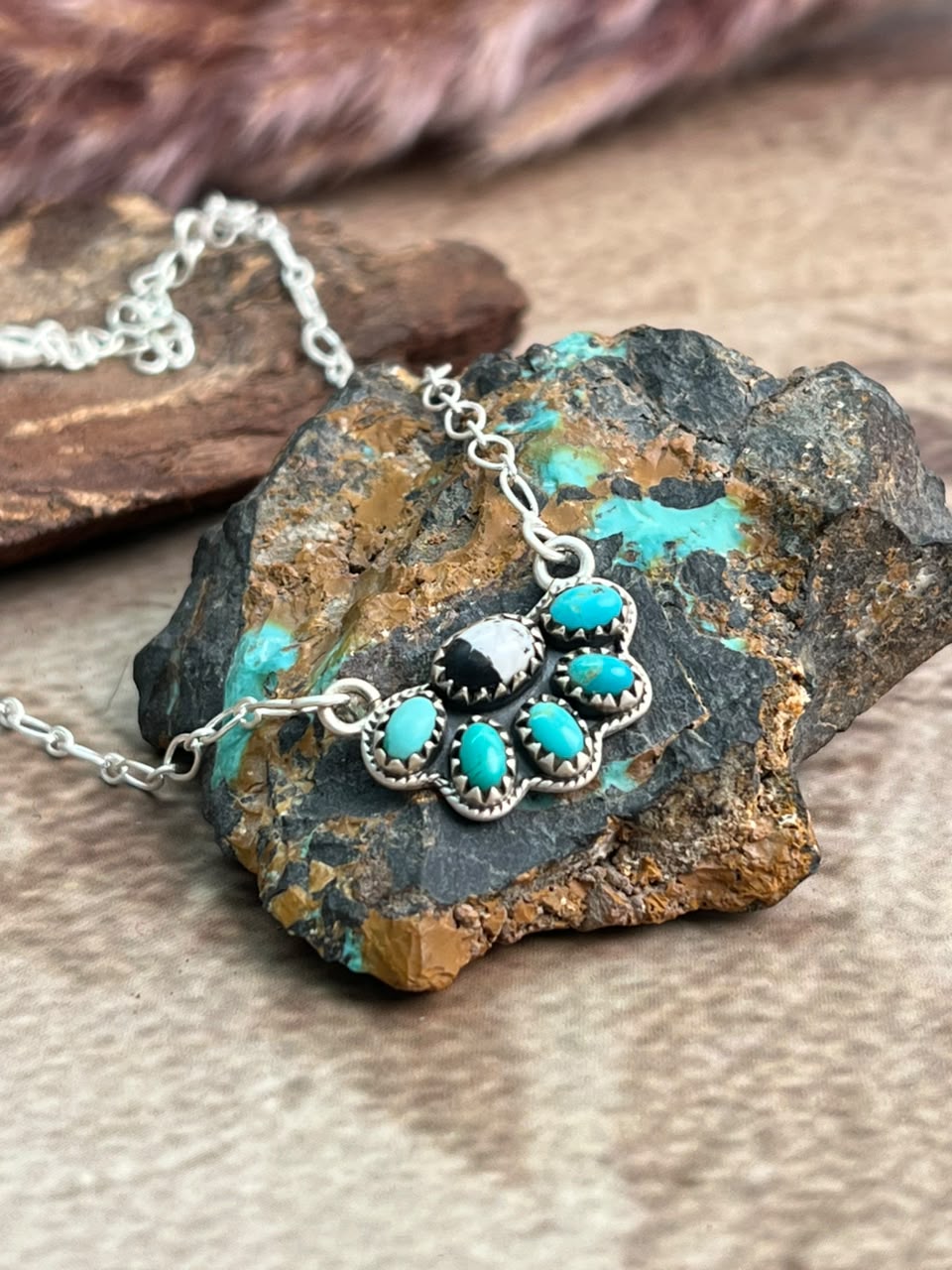 Handmade Sterling Silver Kingman Turquoise with White Buffalo Necklace Signed Nizhoni