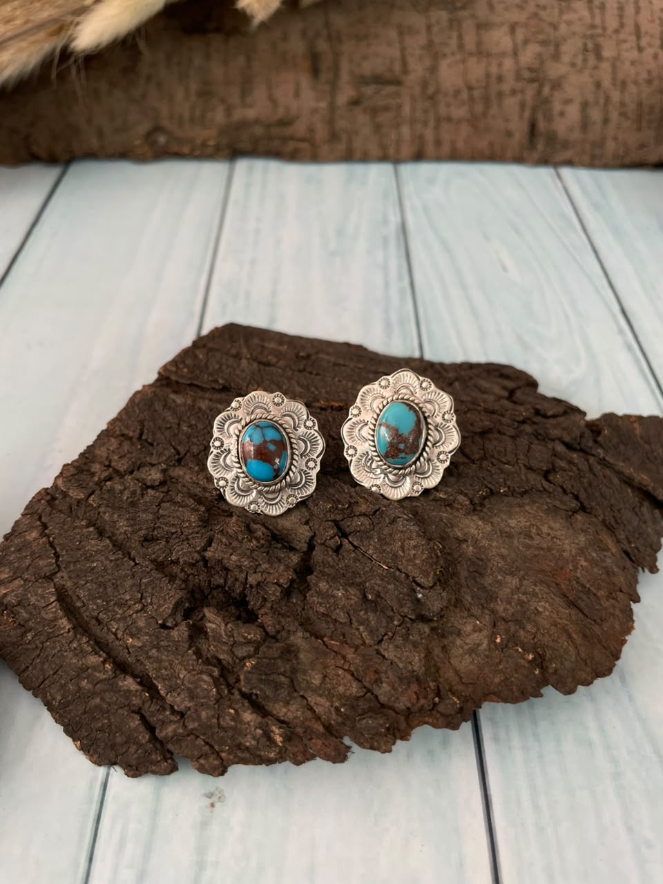 Handmade Sterling Silver Egyptian Turquoise Collection: Post Studs Earrings Signed Nizhoni