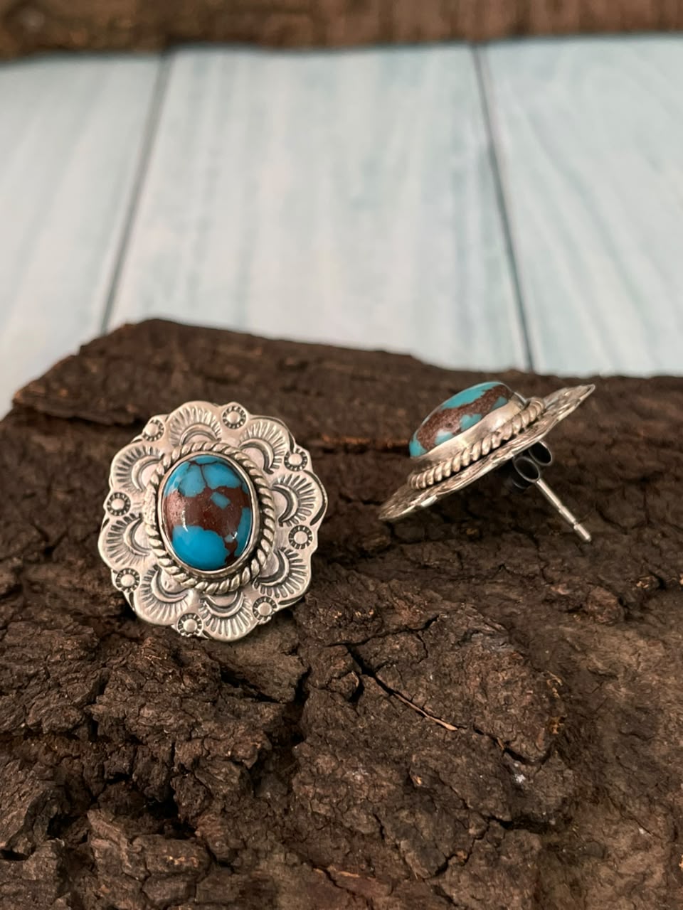 Handmade Sterling Silver Egyptian Turquoise Collection: Post Studs Earrings Signed Nizhoni