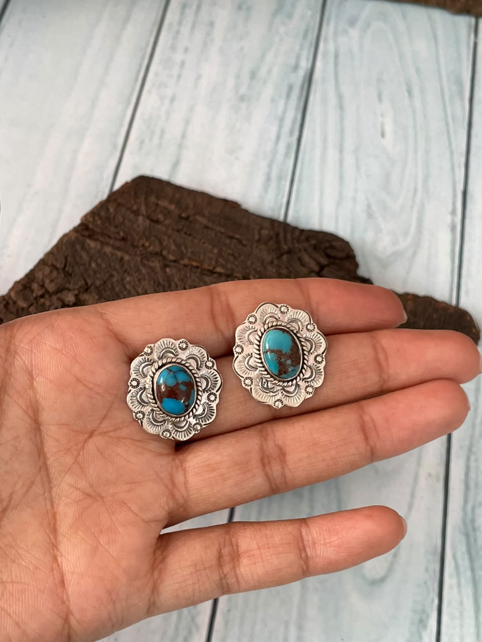 Handmade Sterling Silver Egyptian Turquoise Collection: Post Studs Earrings Signed Nizhoni