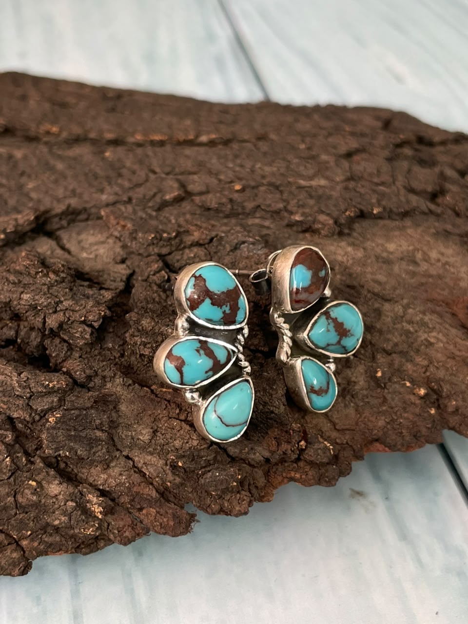 Handmade Sterling Silver Egyptian Turquoise Collection: Post Studs Earrings Signed Nizhoni