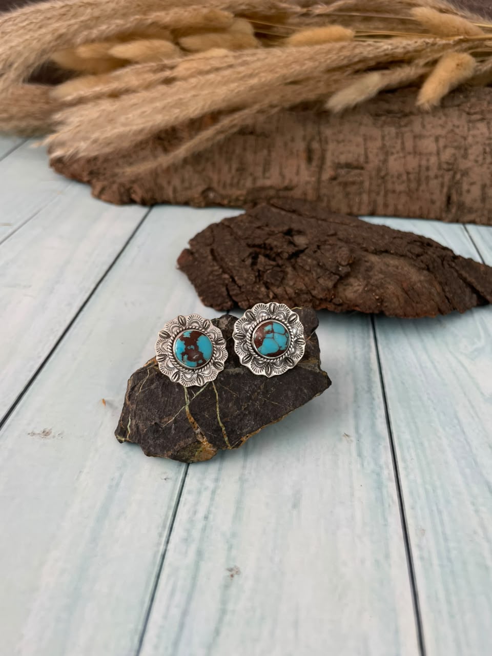 Handmade Sterling Silver Egyptian Turquoise Collection: Post Studs Earrings Signed Nizhoni