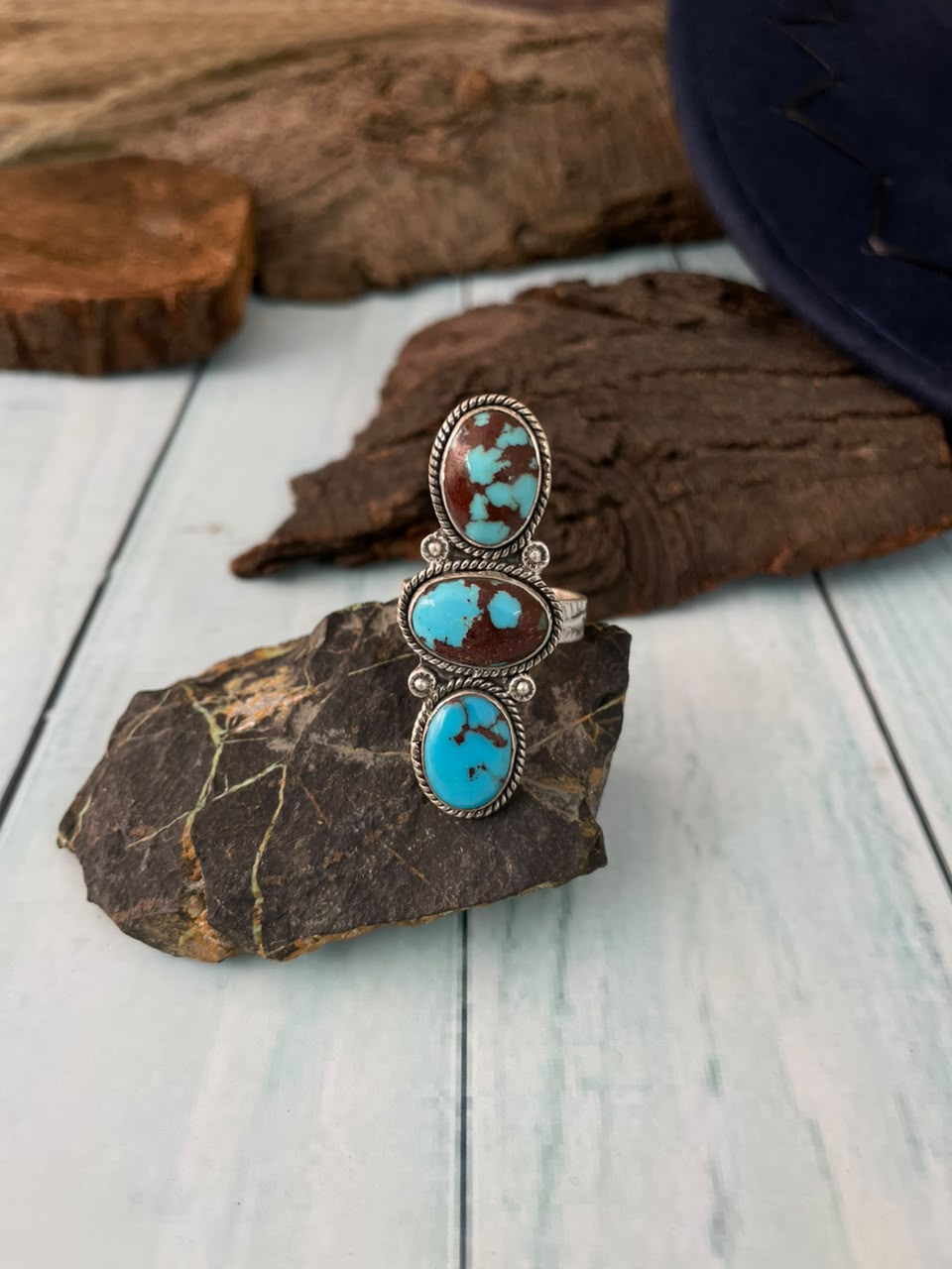 Handmade Sterling Silver Egyptian Turquoise Collection: Adjustable Ring Signed Nizhoni