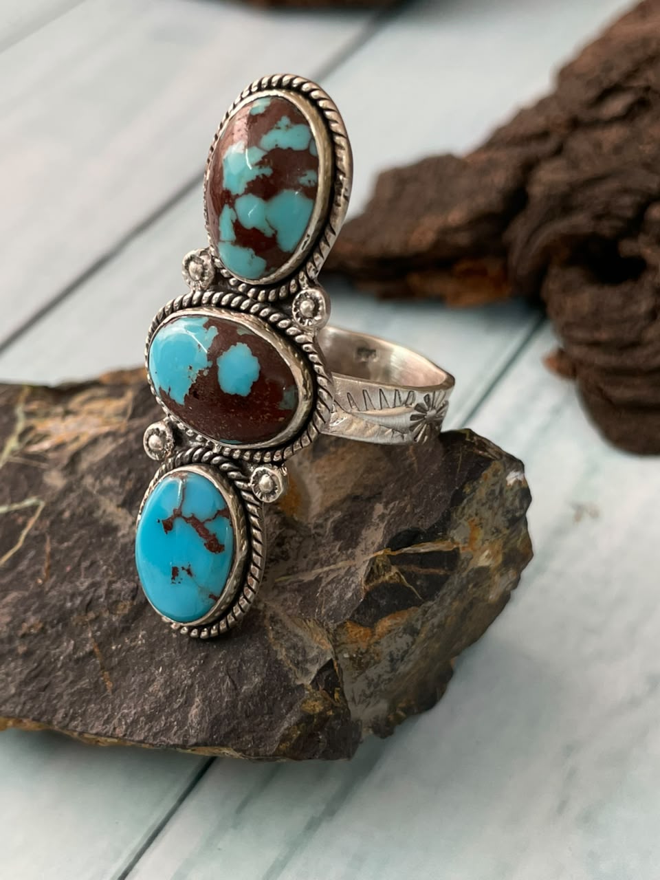 Handmade Sterling Silver Egyptian Turquoise Collection: Adjustable Ring Signed Nizhoni