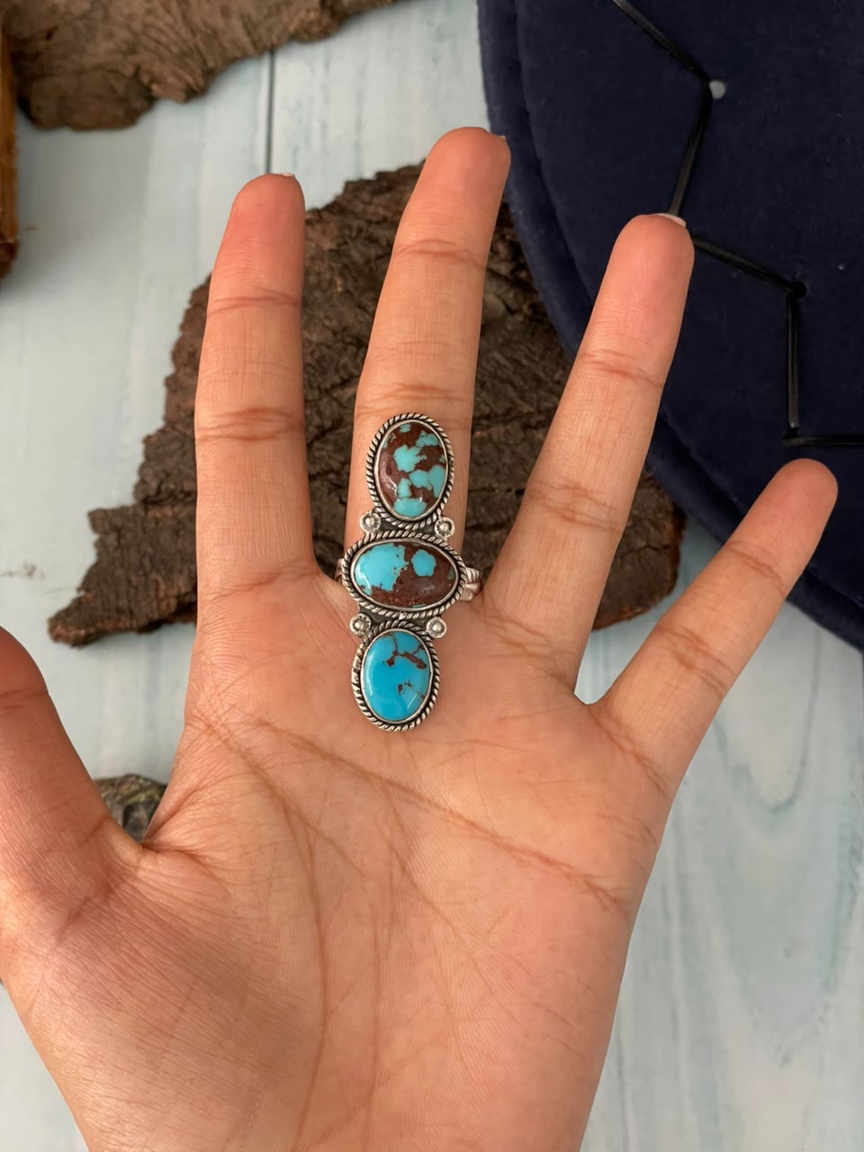 Handmade Sterling Silver Egyptian Turquoise Collection: Adjustable Ring Signed Nizhoni