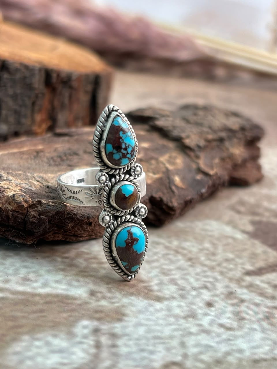 Handmade Sterling Silver Egyptian Turquoise Collection: Adjustable Ring Signed Nizhoni