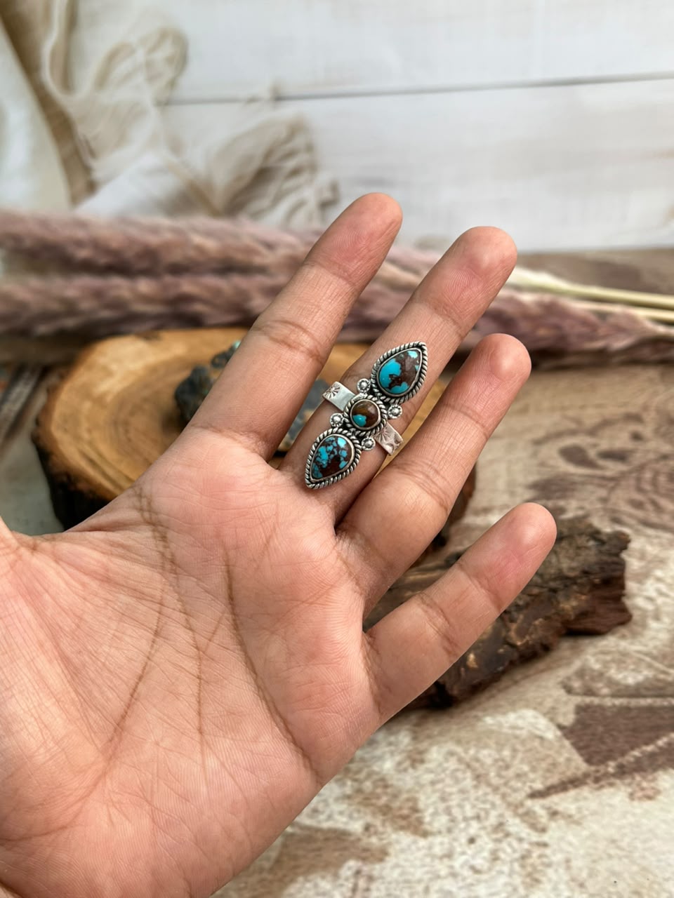 Handmade Sterling Silver Egyptian Turquoise Collection: Adjustable Ring Signed Nizhoni