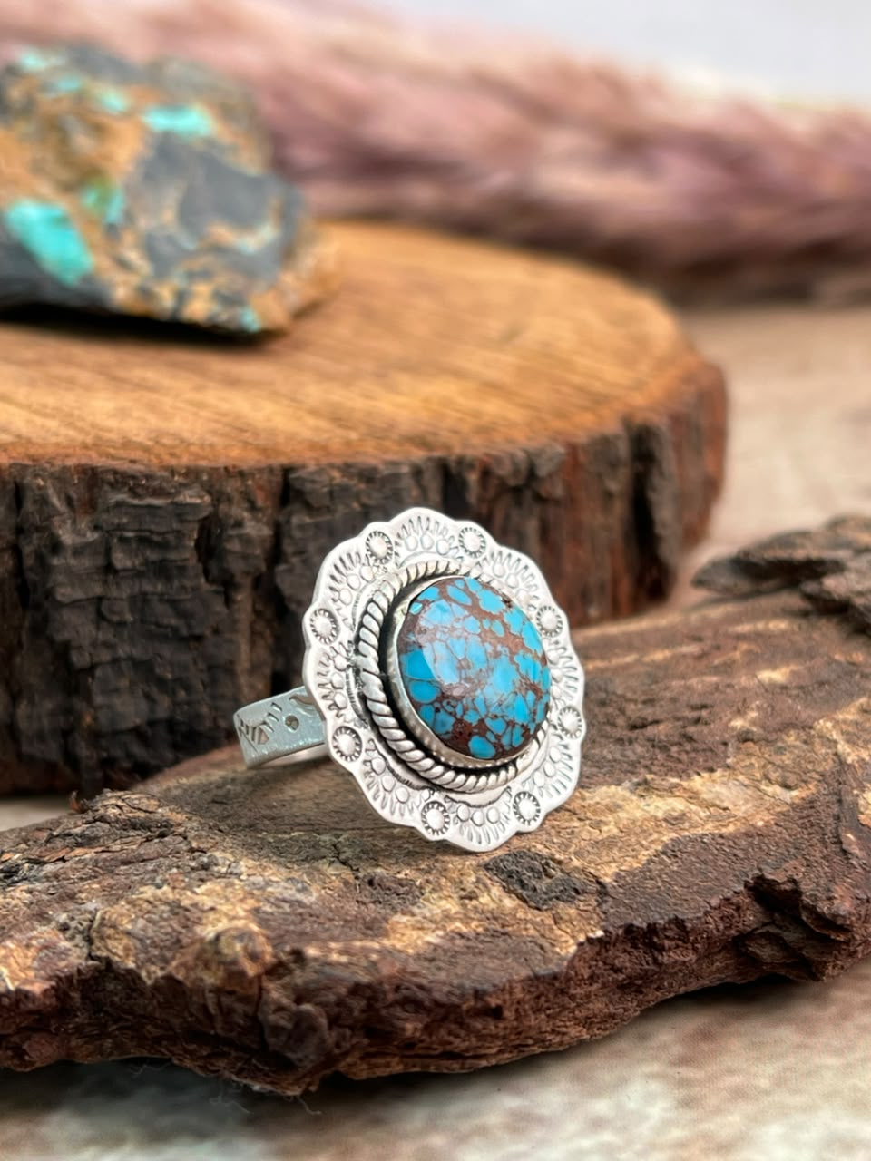 Handmade Sterling Silver Egyptian Turquoise Collection: Adjustable Ring Signed Nizhoni