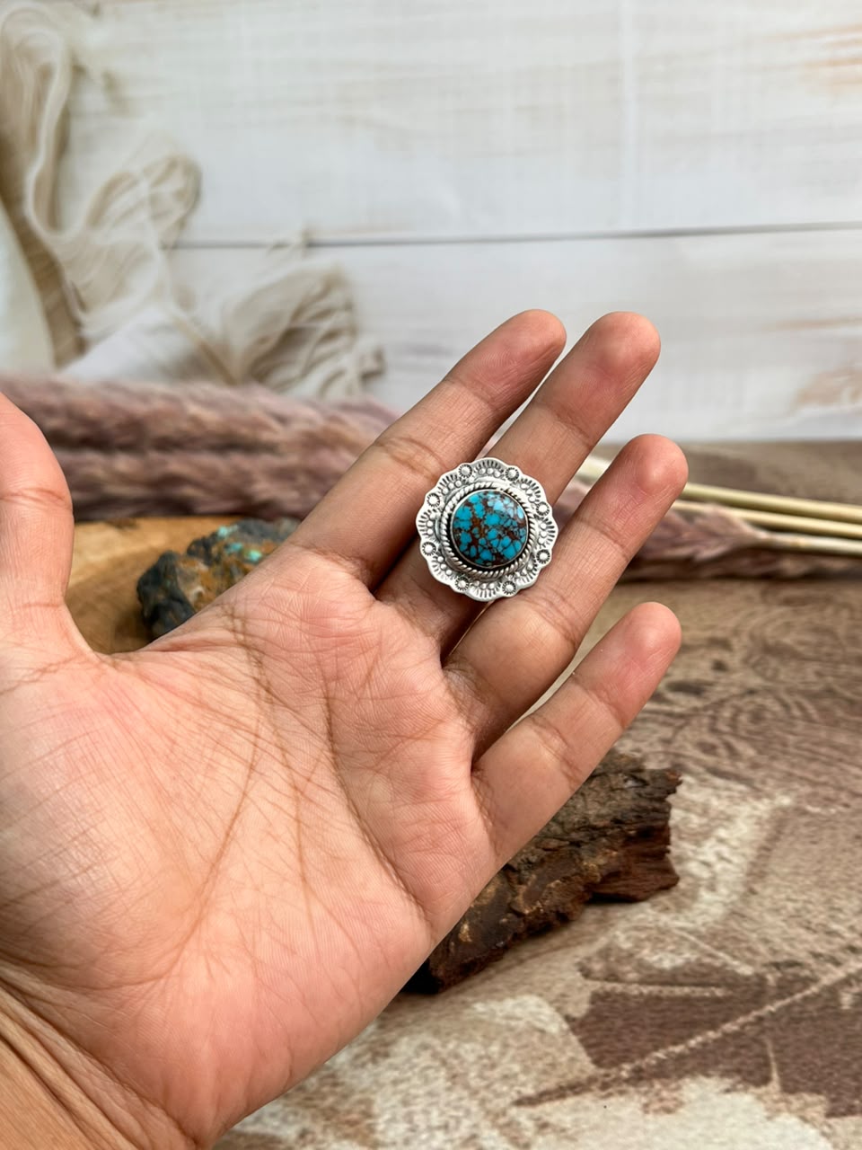 Handmade Sterling Silver Egyptian Turquoise Collection: Adjustable Ring Signed Nizhoni