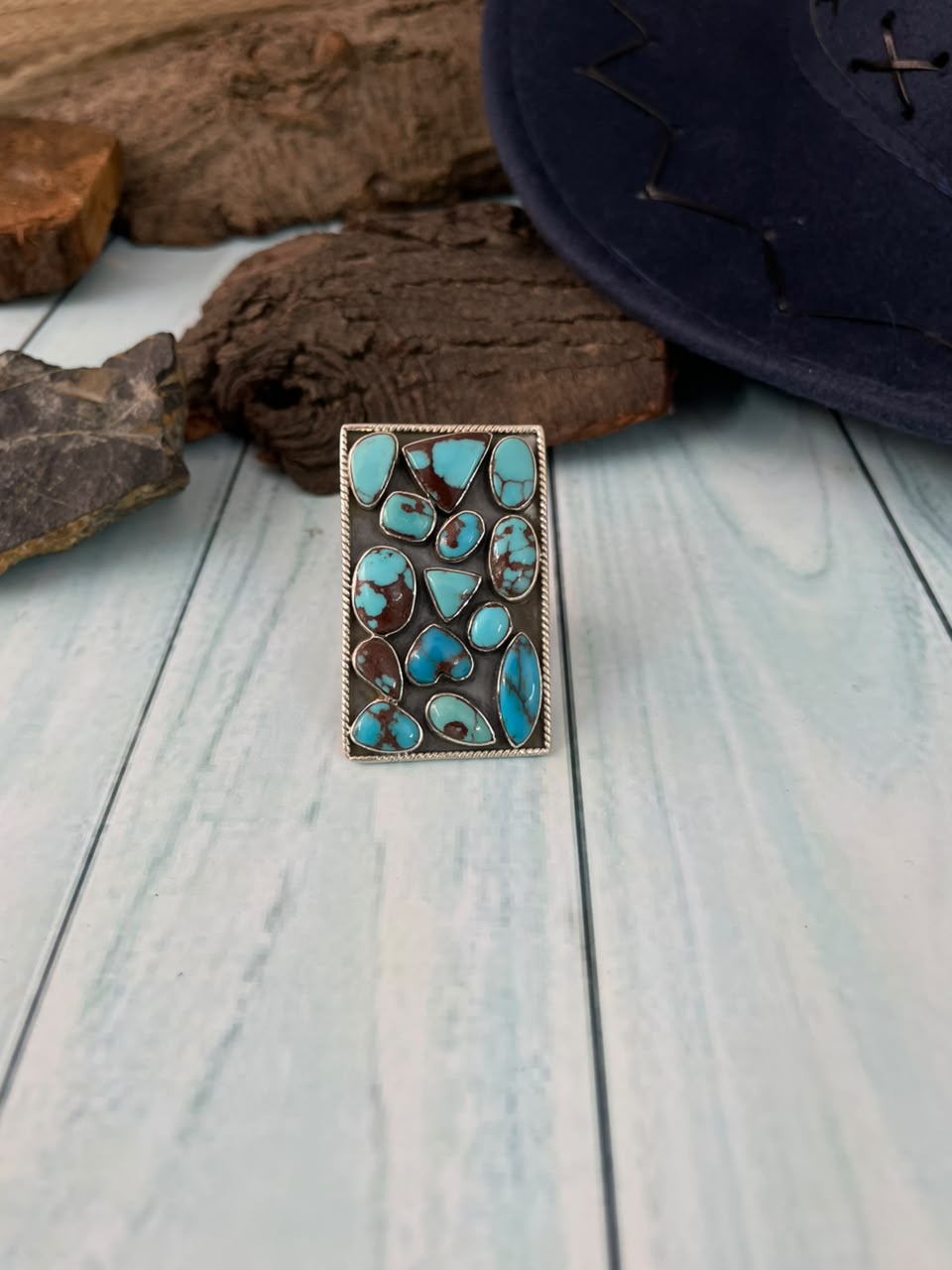 Handmade Sterling Silver Egyptian Turquoise Collection: Adjustable Bar Ring Signed Nizhoni
