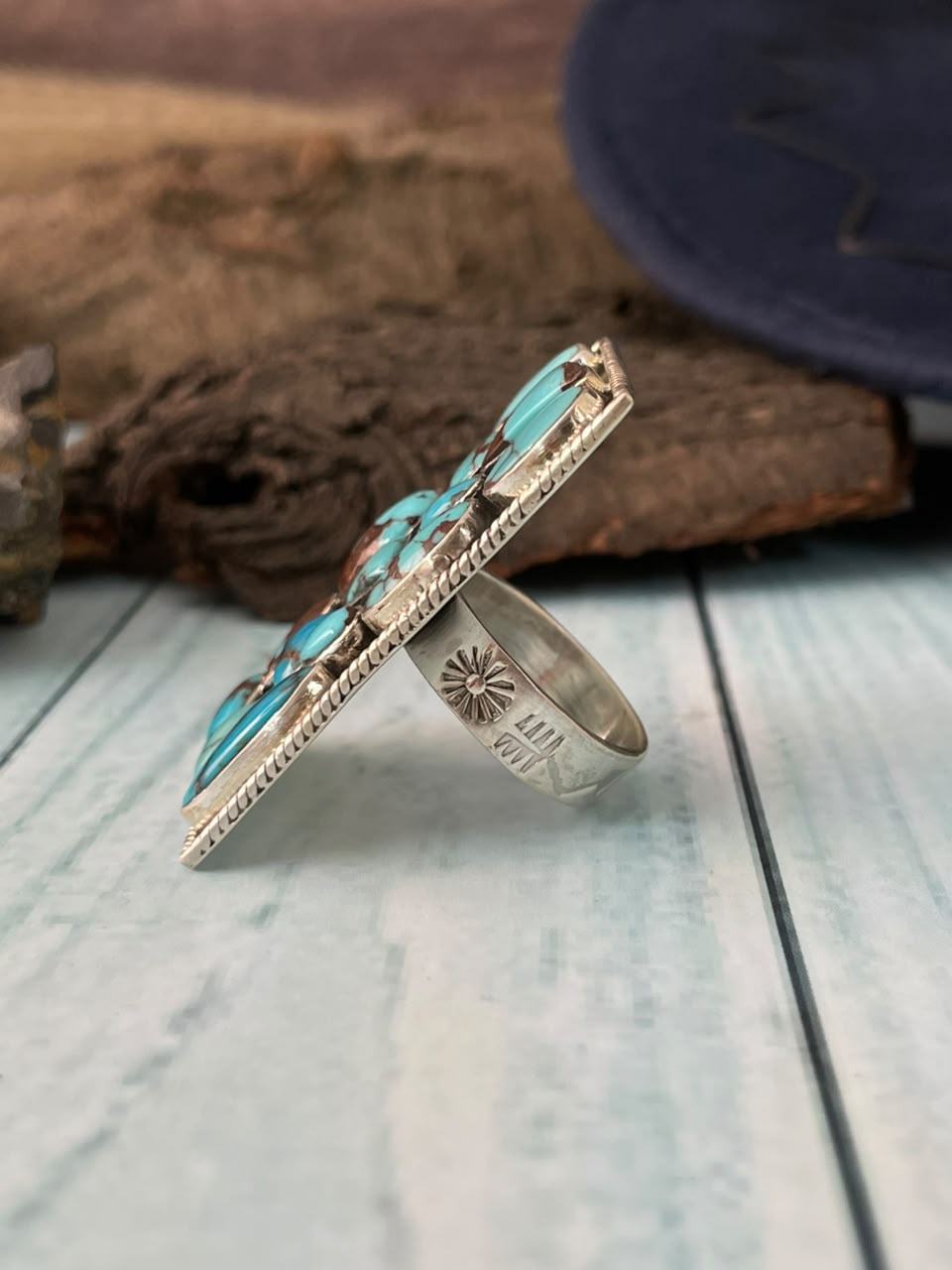 Handmade Sterling Silver Egyptian Turquoise Collection: Adjustable Bar Ring Signed Nizhoni