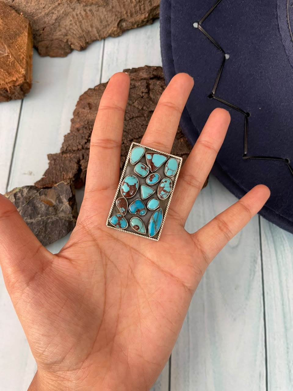 Handmade Sterling Silver Egyptian Turquoise Collection: Adjustable Bar Ring Signed Nizhoni