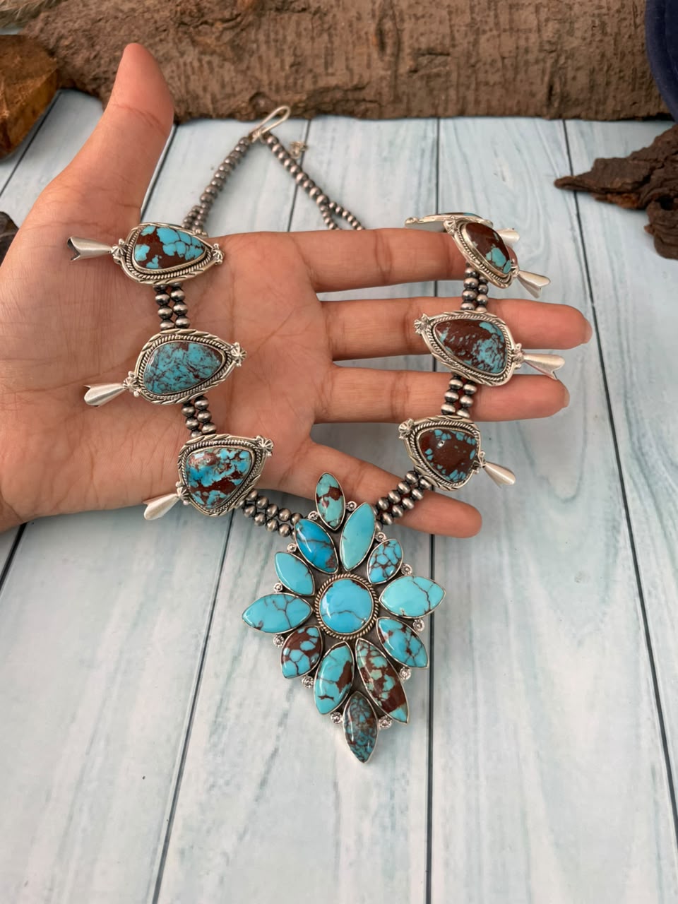 Handmade Sterling Silver Egyptian Turquoise Collection: Beaded Squash Blossom Necklace Signed Nizhoni
