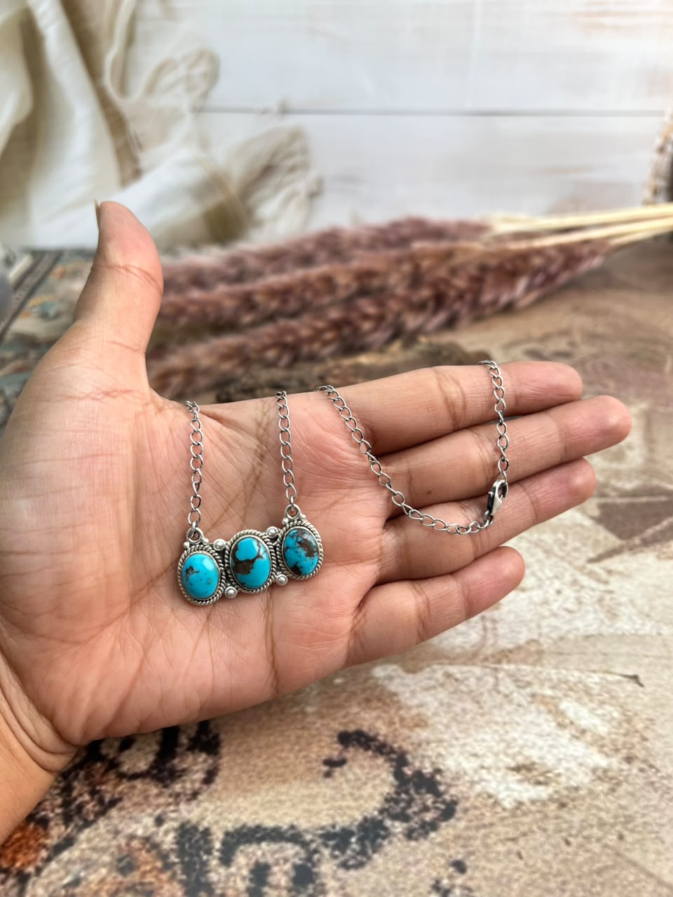 Handmade Sterling Silver Egyptian Turquoise Collection: Necklace Signed Nizhoni