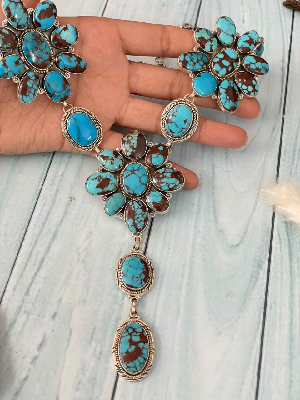 Handmade Sterling Silver Egyptian Turquoise Collection: Drop Necklace Signed Nizhoni