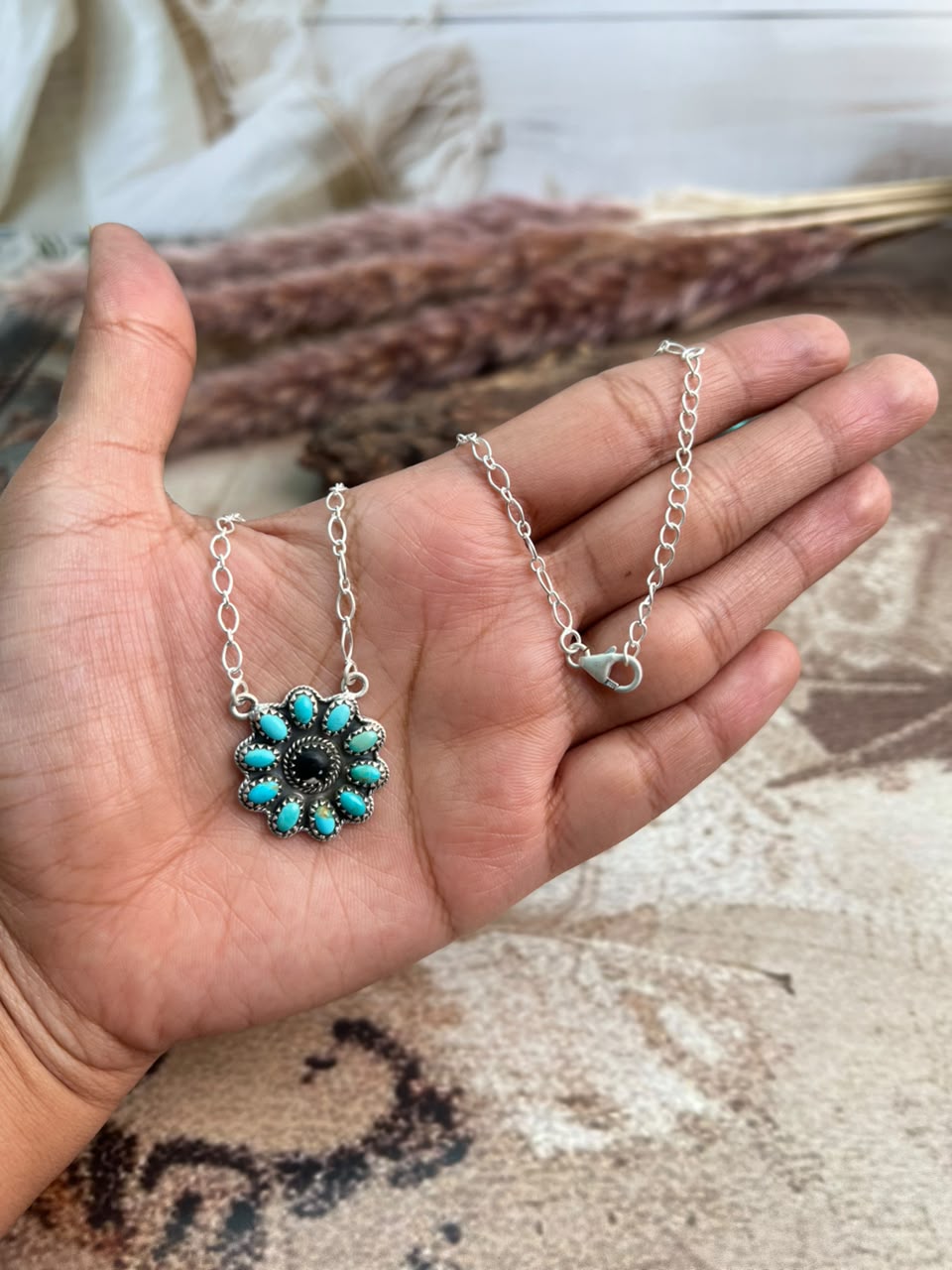 Handmade Sterling Silver Kingman Turquoise with White Buffalo Necklace Signed Nizhoni