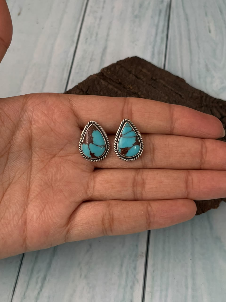 Handmade Sterling Silver Egyptian Turquoise Collection: Post Studs Earrings Signed Nizhonif