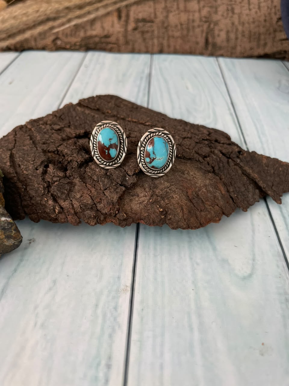 Handmade Sterling Silver Egyptian Turquoise Collection: Post Studs Earrings Signed Nizhoni