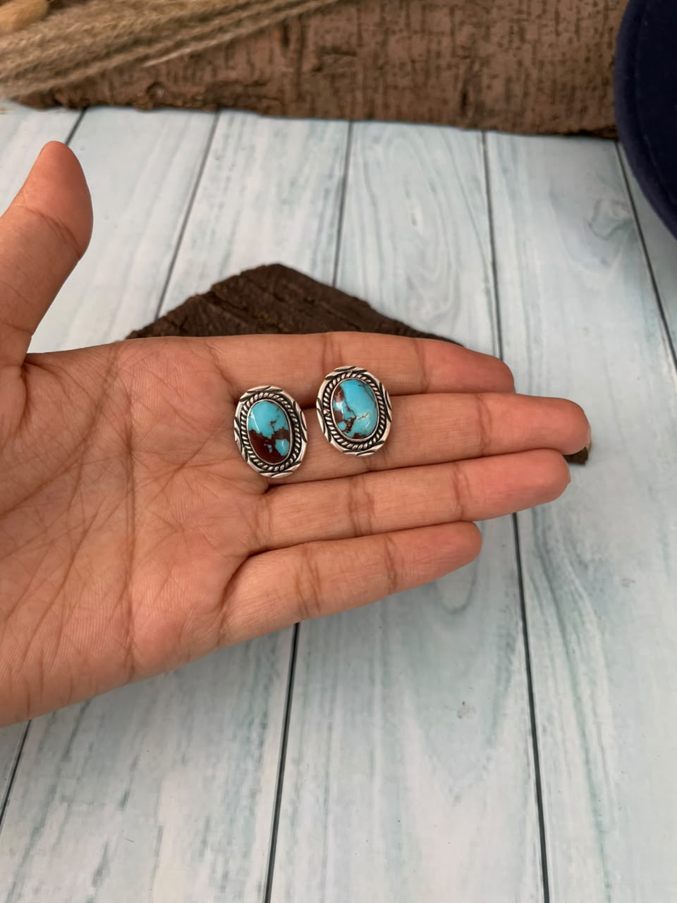 Handmade Sterling Silver Egyptian Turquoise Collection: Post Studs Earrings Signed Nizhoni