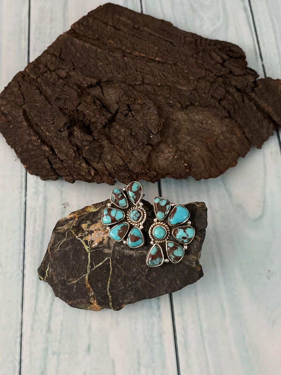 Handmade Sterling Silver Egyptian Turquoise Collection: Post Studs Earrings Signed Nizhoni
