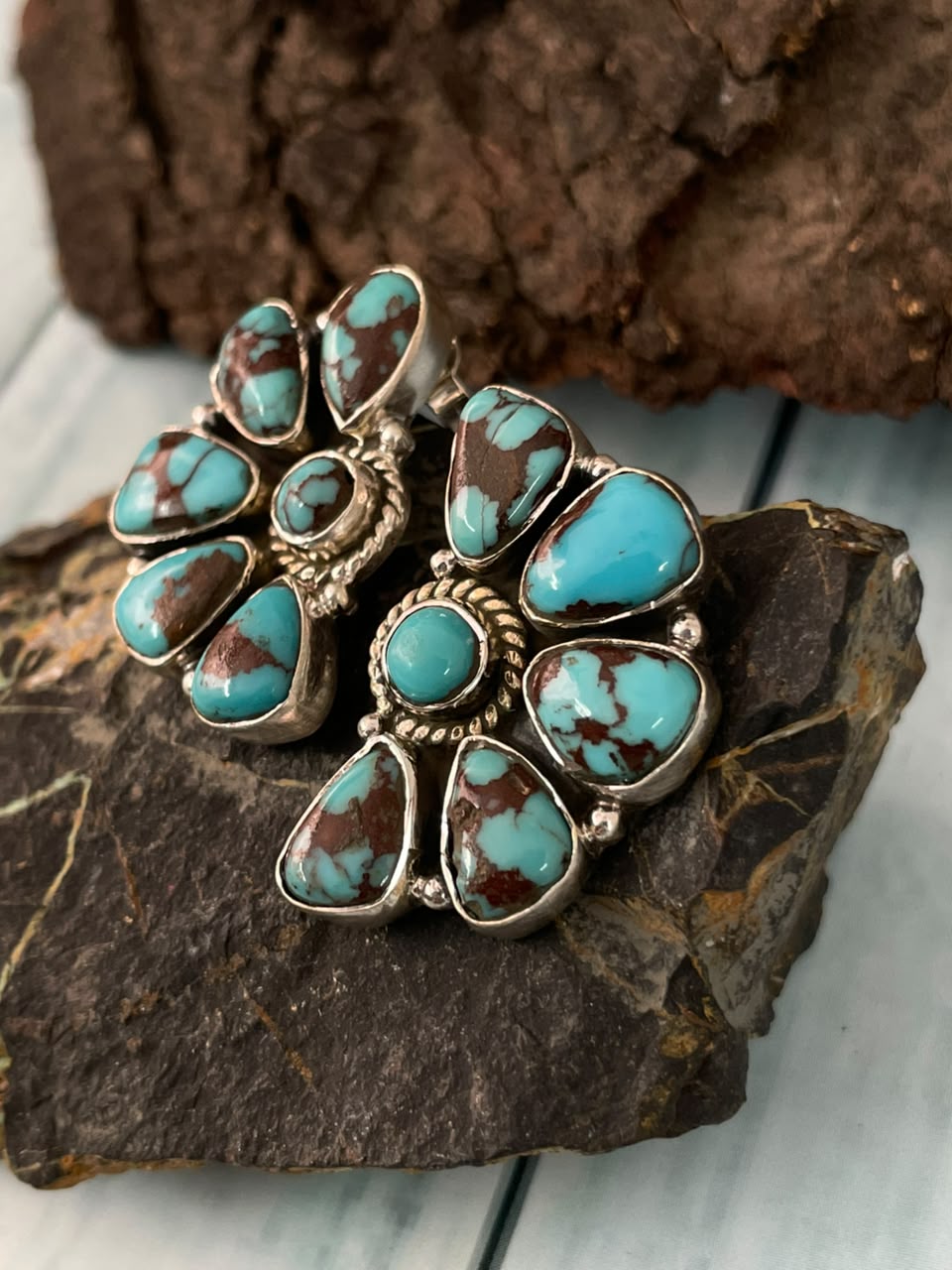 Handmade Sterling Silver Egyptian Turquoise Collection: Post Studs Earrings Signed Nizhoni