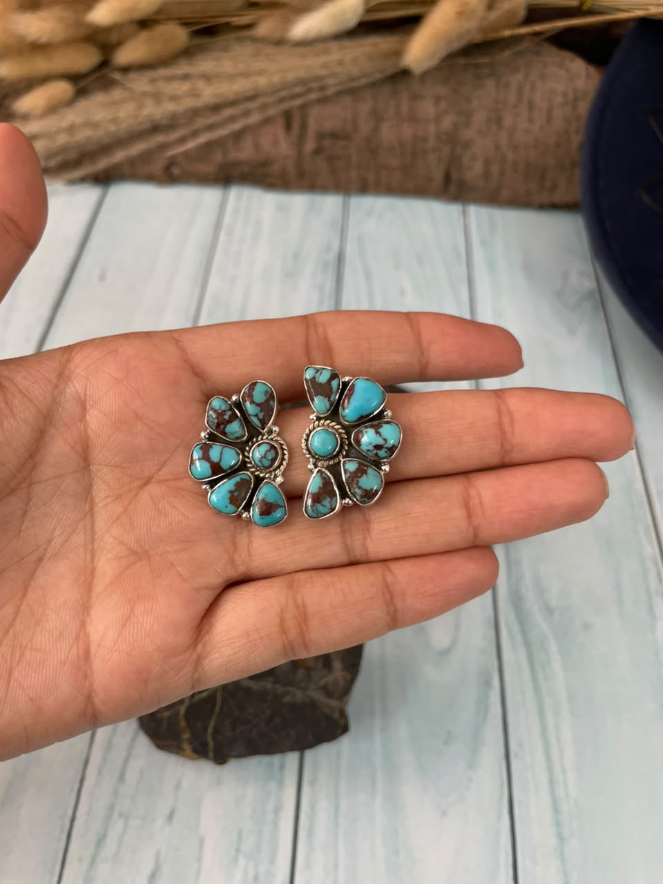 Handmade Sterling Silver Egyptian Turquoise Collection: Post Studs Earrings Signed Nizhoni
