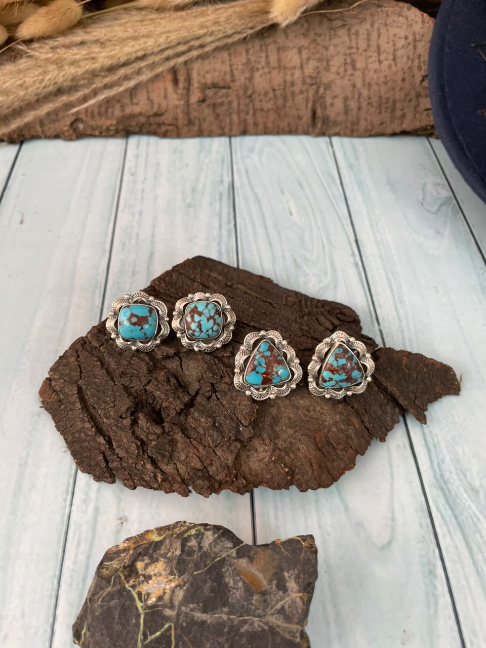 Handmade Sterling Silver Egyptian Turquoise Collection: Post Studs Earrings Signed Nizhoni