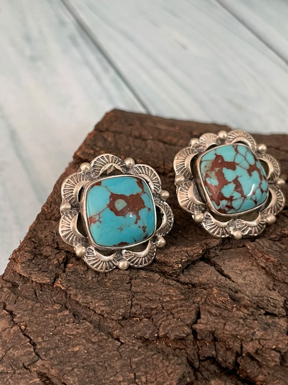 Handmade Sterling Silver Egyptian Turquoise Collection: Post Studs Earrings Signed Nizhoni