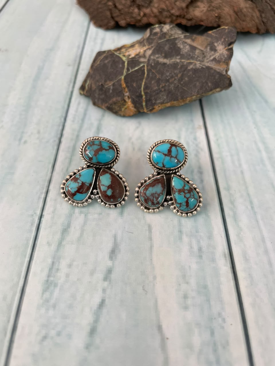 Handmade Sterling Silver Egyptian Turquoise Collection: Post Studs Earrings Signed Nizhoni