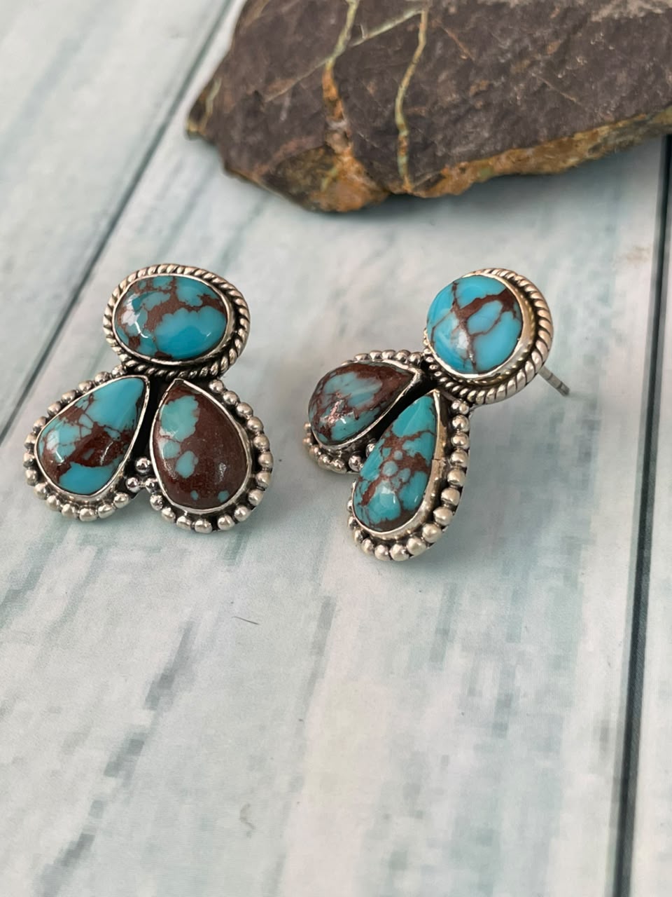 Handmade Sterling Silver Egyptian Turquoise Collection: Post Studs Earrings Signed Nizhoni